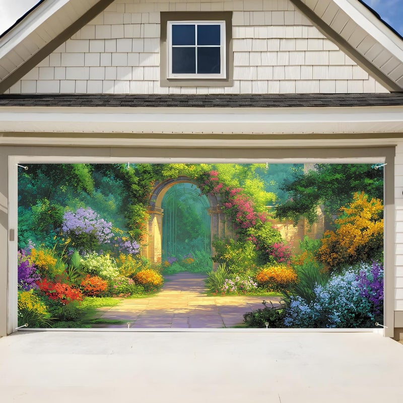 ANNA QUEEN Garden Archway Garage Door Banner 6x13FT, Colorful Flower Path Garage Door Cover, Large Outdoor Garden Decoration for Garage Doors, Fence & Fantasy Party Backdrop - Image 1